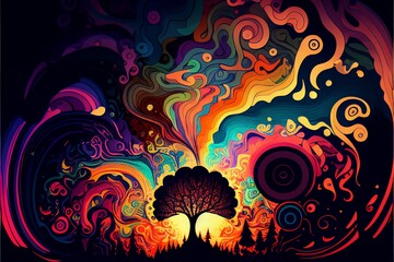 Yggdrasil, tree of all wisdom in Psychadelic design illustration