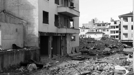 Israel Palestine war. War debris in a city after bombardment. War in middle east