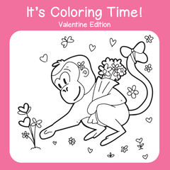 Coloring page for valentine's day. A monkey collecting flowers as a gift for celebrating valentine. Black and white vector illustration. Printable coloring book for kids and adults.