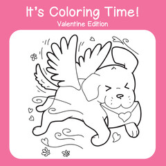 Coloring page for valentine's day. A dog brings a love letter. Black and white vector illustration. Printable coloring book for kids and adults.