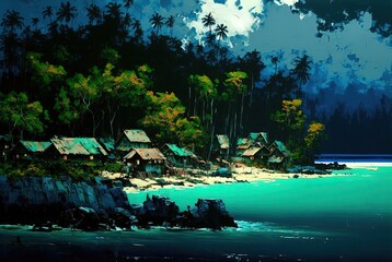 oil paining style illustration of a paradise rural tropical island with small village on it Generative Ai