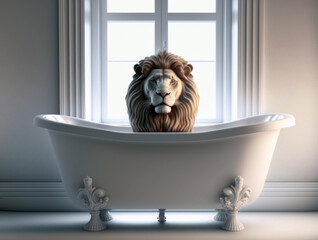 Lion taking bath in the bathroom. Big mammal in the bathtub. AI generative