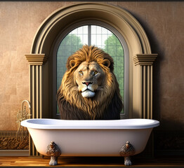 Lion taking bath in the bathroom. Big mammal in the bathtub. AI generative