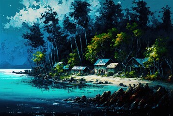 oil paining style illustration of a paradise rural tropical island with small village on it  Generative Ai
