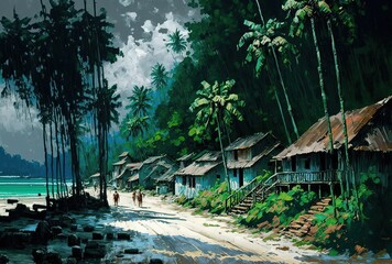 oil paining style illustration of a paradise rural tropical island with small village on it  Generative Ai