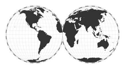 Vector world map. Mollweide projection interrupted into two (equal-area) hemispheres. Plain world geographical map with latitude and longitude lines. Centered to 0deg longitude. Vector illustration.