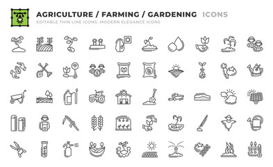 Set of 50 Agriculture and Farming icons. Thin line outline icons such as  growth, vegetation, partnership, sustainable, shovel and rake, smart farm, cooperation, seed bag, fertilizer, land vector