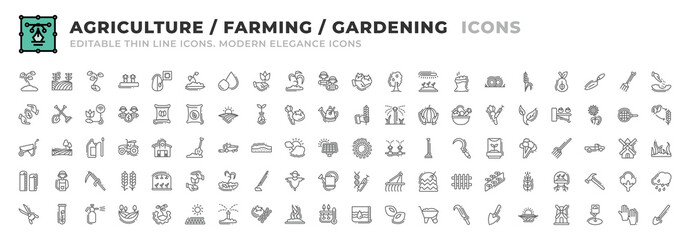 Set of 100 Agriculture and Farming icons. Thin line outline icons such as fertilizer, land, biology, harvest, trees, ultraviolet, compost, hay, oat, high fiber, trowel, fork, sowing seed vector.