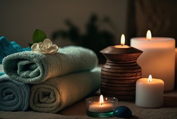 Plakat illustration of spa skin care product set decoration, towel candle, oil bottle Generative Ai