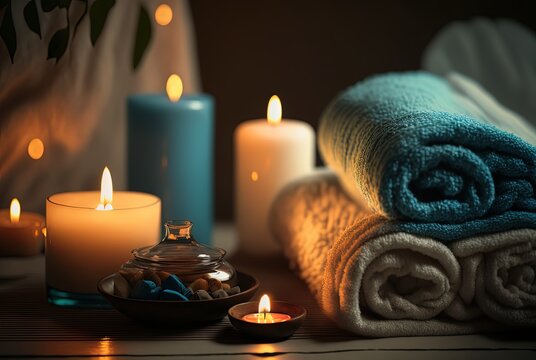 illustration of spa skin care product set decoration, towel candle, oil bottle	Generative Ai