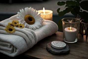 illustration of spa skin care product set decoration, towel candle, oil bottle	Generative Ai