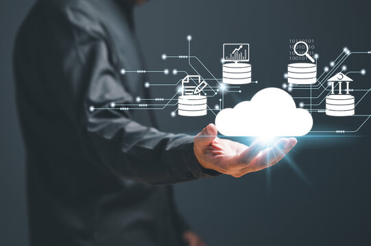 A Database administrators backup company and customer data concept. Databases, computer, DBMS, DBA, database, SQL, and cloud stored. Software engineering is restoring data to servers. black background