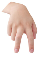 Mano con dos dedos para abajo sobre fondo blanco. Hand with two fingers down on white background.
