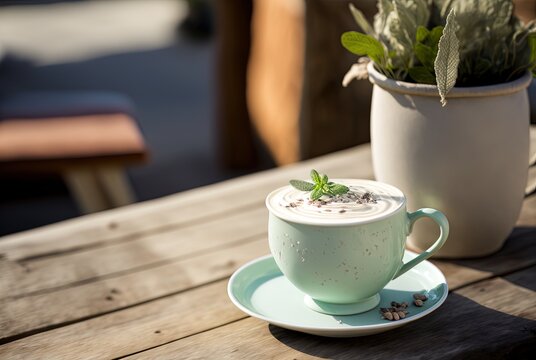 illustration of latte art cup green mint tea latte cup on wooden table	Generative Ai