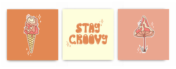 Set of groovy posters. Retro postcards in 70s. Hippie and boho style. Trendy illustrations. Vector.