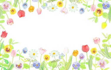 Fototapeta na wymiar 水彩絵の具で描いた優しい春の草花背景