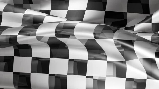 Checkered flag, chess and race theme wave glass background. Calm liquid endless loop animation