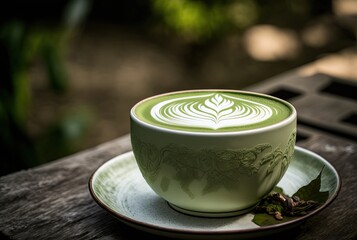 illustration of a cup of Matcha green tea on wooden table with outdoor atmosphere Generative Ai