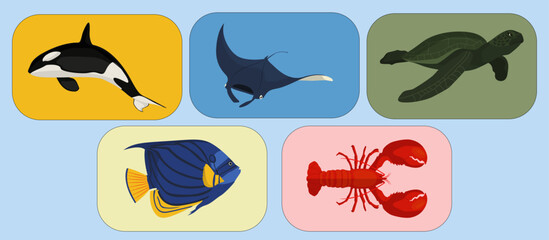 Sea Animal Cartoon Set. Set Icon Underwater Animal Lobster, Orca, Turtle, Fish, Manta Rays,
