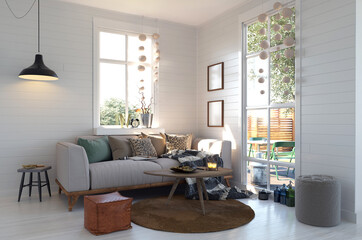 Comfortable sofa in scandinavian modern living room