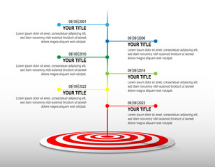 Colour line hit to red and white dartboard with infographic. Target timeline. Business success data chart, investment goal, marketing challenge, strategy presentation, achievement diagram. template.