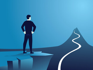 Rear view confident businessman standing by the edge of cliff, looking far away to long journey road in front of him to achieve his goal, vector illustration