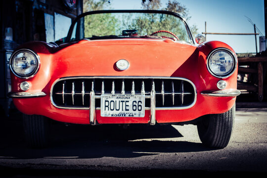 exterior of vintage Chevrolet Corvette C1 50's edition, convertible, steering wheel and seats, fully restored