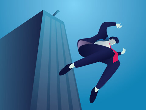 Businessman Jump From Tall Building, Concept Of Risk In Business Or Depressed Person Doing Suicide