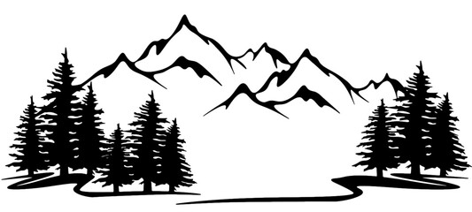 Black silhouette of mountains and fir trees camping landscape panorama illustration icon vector for logo, isolated on white background.
