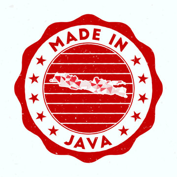 Made In Java. Island round stamp. Seal of Java with border shape. Vintage badge with circular text and stars. Vector illustration.