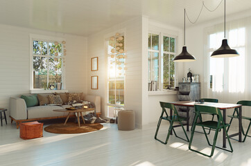 Comfortable sofa in scandinavian modern living room