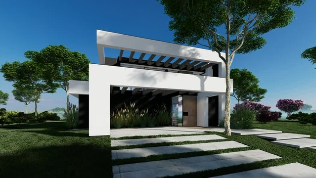 4K video rendering of modern cozy house with pool and parking for sale or rent in luxurious style and beautiful landscaping on background. Summer sunny day with clear blue sky.