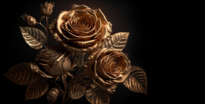Beautiful gold rose flower. Valentine and romance. Generative ai