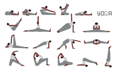 Vector flat illustration collection with female adult character doing yoga. African American woman learns sitting stretching postures. Set of basic sports exercise for beginners