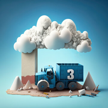 boys third birthday abstract truck theme, blue truck with white number 3 on trailer, surrounded by geometric shapes and clouds generative ai