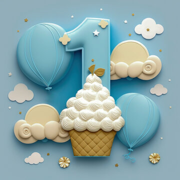 boys first birthday themed digital art large blue number one behind cupcake, background of clouds and balloons, blue background. generative ai