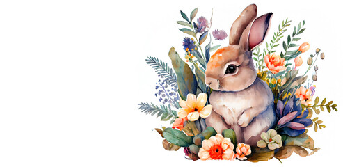 Watercolor painting of rabbit banner with copy space as illustration of Easter bunny hiding in flowers generative AI art