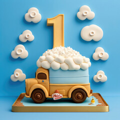 boys First birthday old truck theme cake large cream number 1 on bed of blue and cream truck, surrounded by white clouds and blue background generative ai