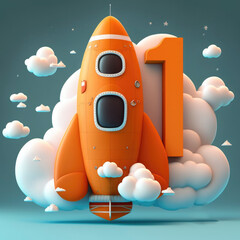 Boys first birthday, astronaut rocket themed orange spaceship on cloudy background generative ai