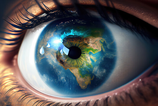 Closeup eye with the earth reflection. Earth day and World water day concept. Environmental observation theme. Generative AI