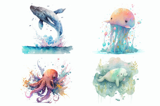 Safari Animal set Octopus, jellyfish, manatee, humpback whale in watercolor style. Isolated vector illustration