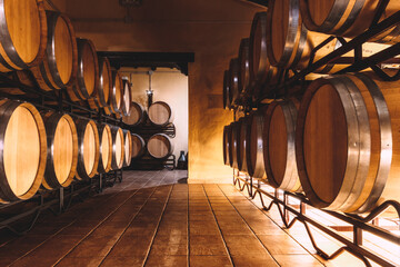cellar with barrels for storage of wine