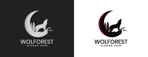 The wolf howls at the moon logo. Wolf Vector. Halloween © Pixel Town