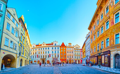 Panorama of Male namesti (Little Square) with its monumental medieval houses, Prague, Czechia