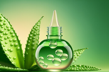 Aloe Vera drops of liquid gel serum, Generative AI texture micro bubble on green background