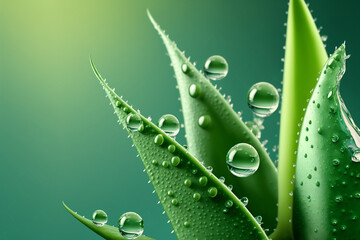 Aloe Vera drops of liquid gel serum, Generative AI texture micro bubble on green background