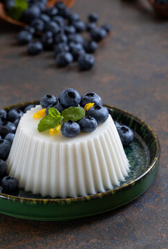 Lemon Panna Cotta or jelly custard pudding with fresh blueberry on a green plate. Dark concrete background, selective focus, vertical.