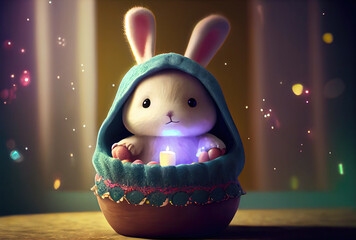 Cute rabbit bunny in the container. Magical fantasy concept. Generative AI