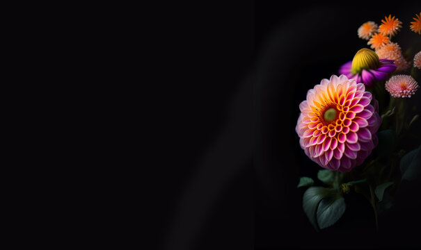 pink and orange dahlia flower on an isolated black background banner, wallpaper valentine's day, Generative AI, copy space	