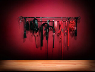 Whips for BDSM on red background in darkside. Accessory for sexual games. - obrazy, fototapety, plakaty